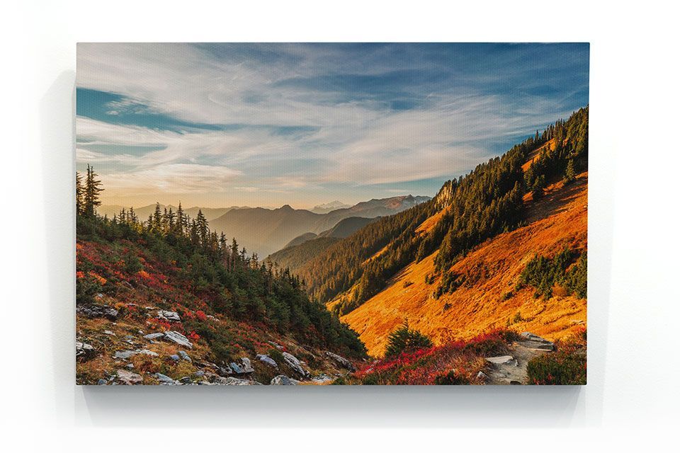 Mountain valley in autumn printed on a wrapped canvas photo print