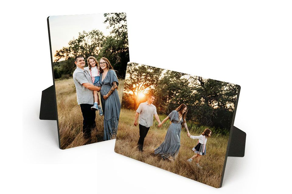 Two pictures of a family featured on an Easel Print.