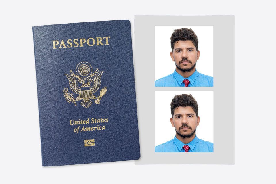 An American passport with a print of a young business man dressed in a shirt and tie.