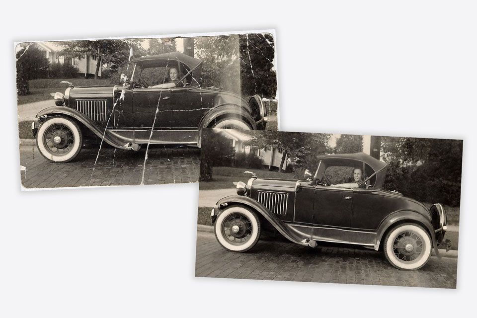 Two images of a vintage car with a female driver. The before image shows cracks and tears of the photograph, while the after image shows a new print with the scratches and tears removed and repaired.