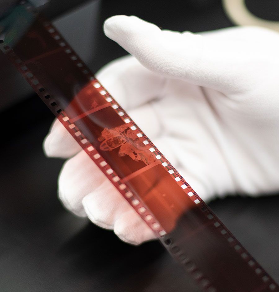 A lab technician processing a roll of 35mm film