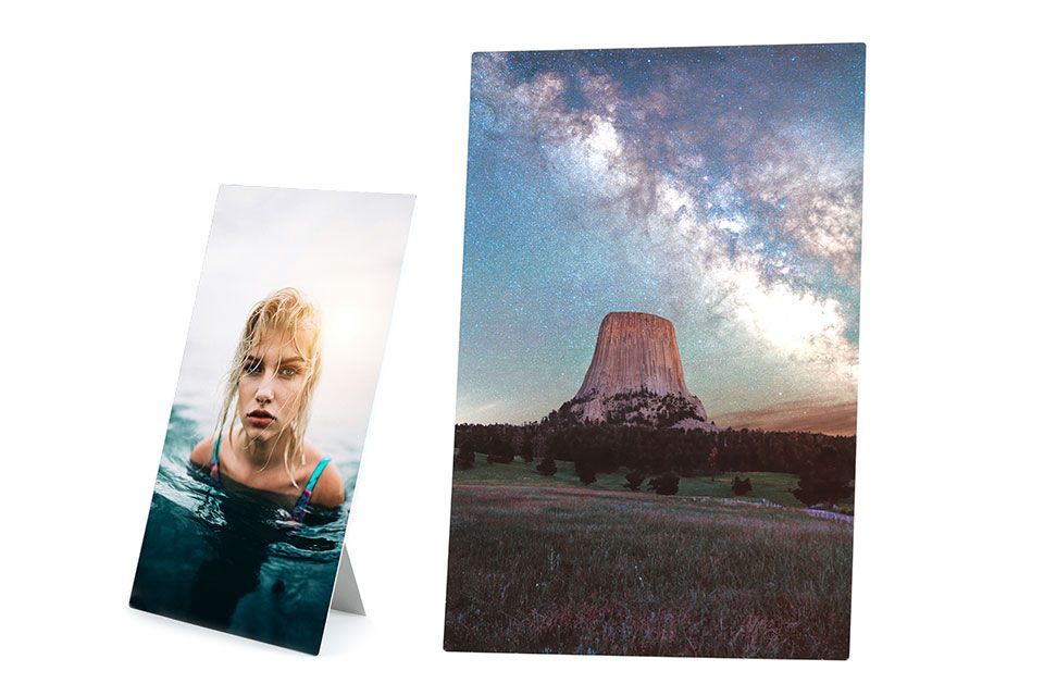 Metal image samples featuring an image of a young woman in a body of water and also an image of Devil's tower at night.