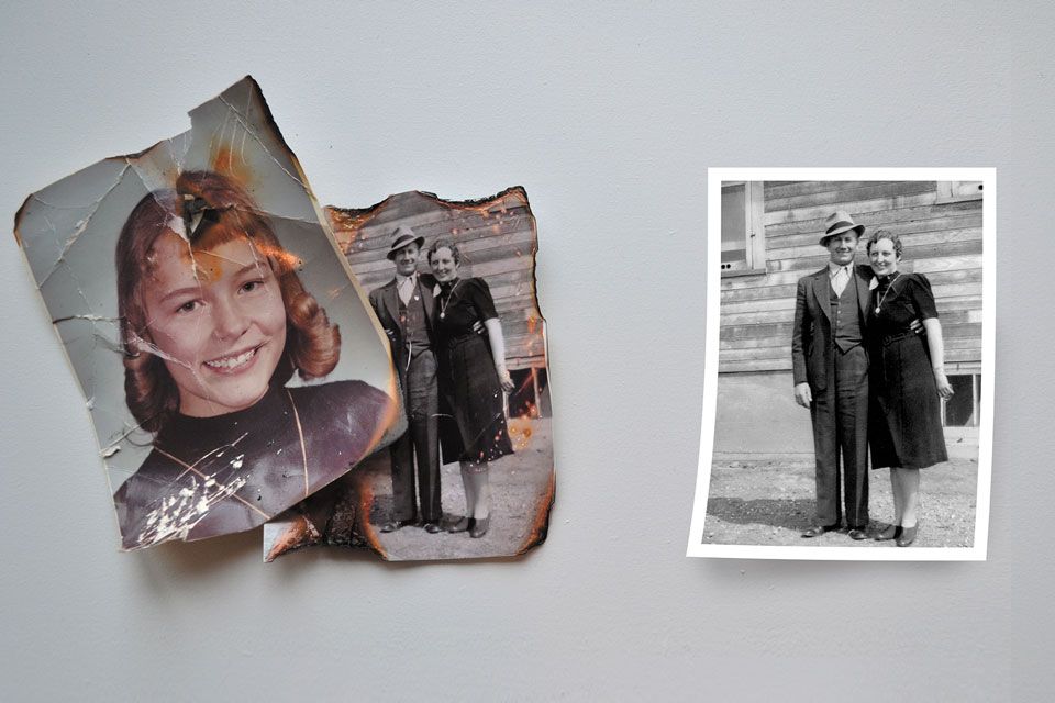 Vintage photographs of a young woman and a couple that have been damaged by fire. The second image shows the restored version of the damaged photograph of the couple.