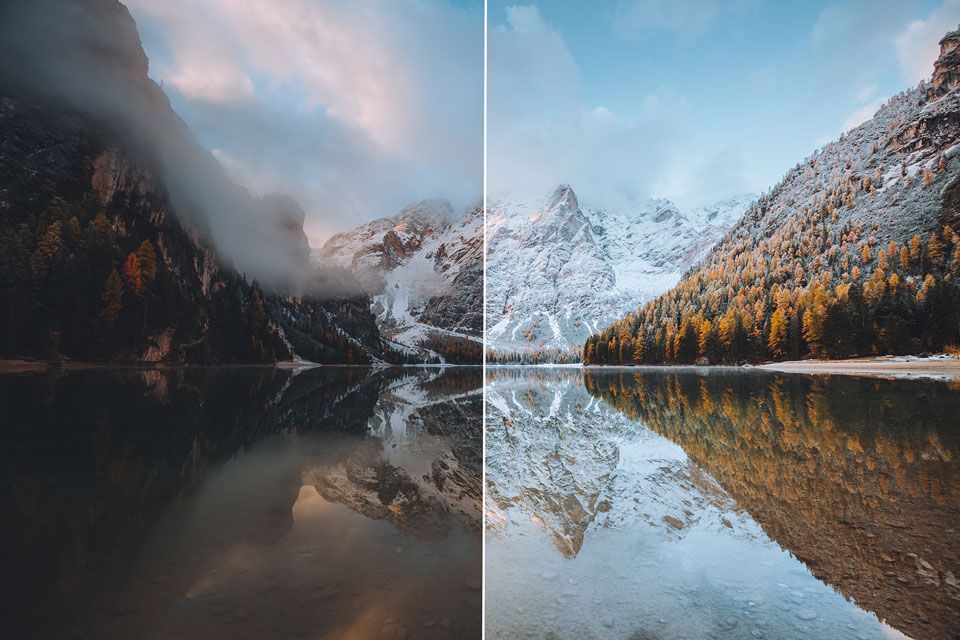 A side-by-side view of the same mountain and pond scene. The left side of the image shows the before and the right side shows the after edits and retouching were made.