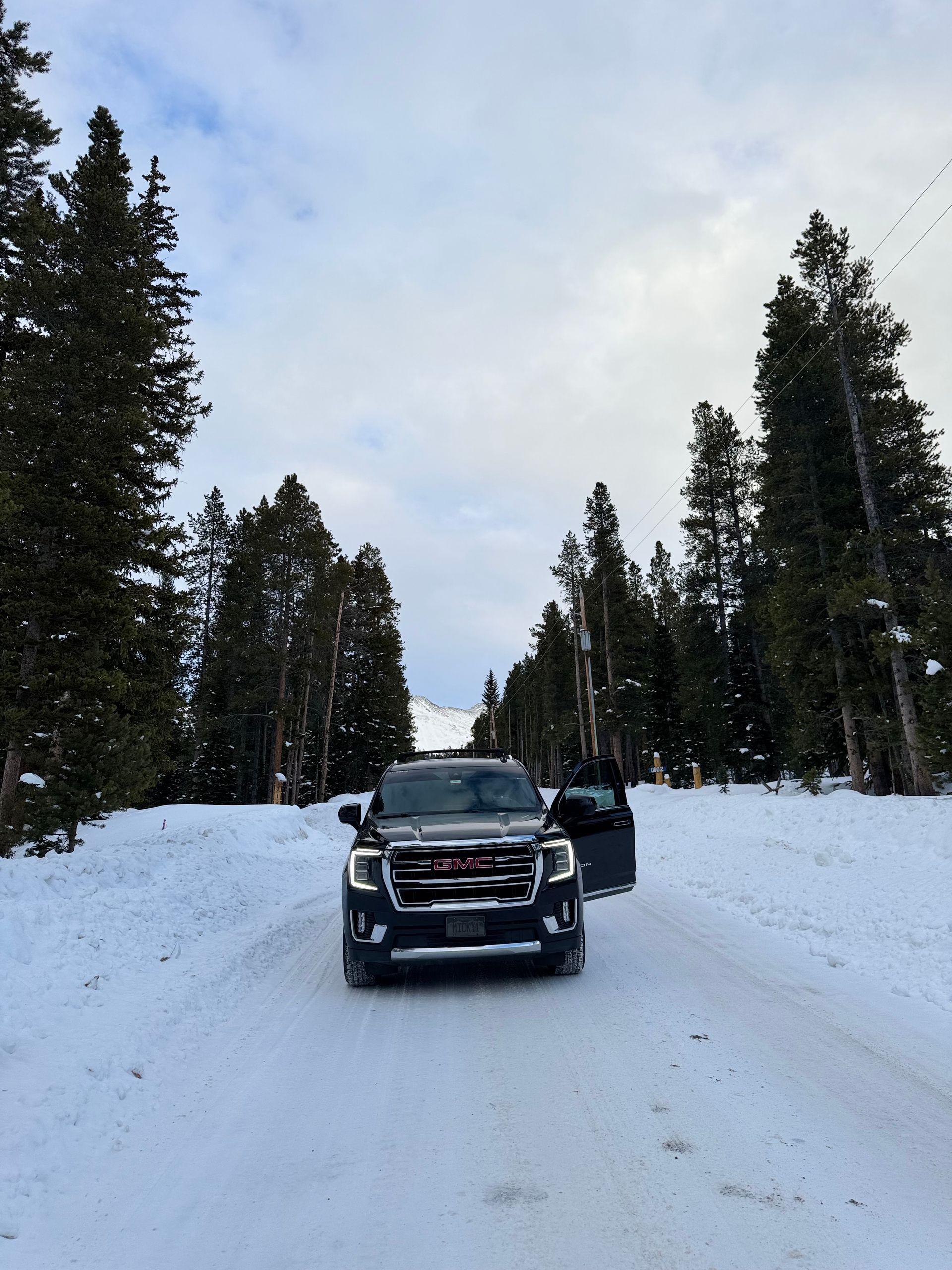 Black SUV parked on a snowy road in a pine forest under a cloudy sky