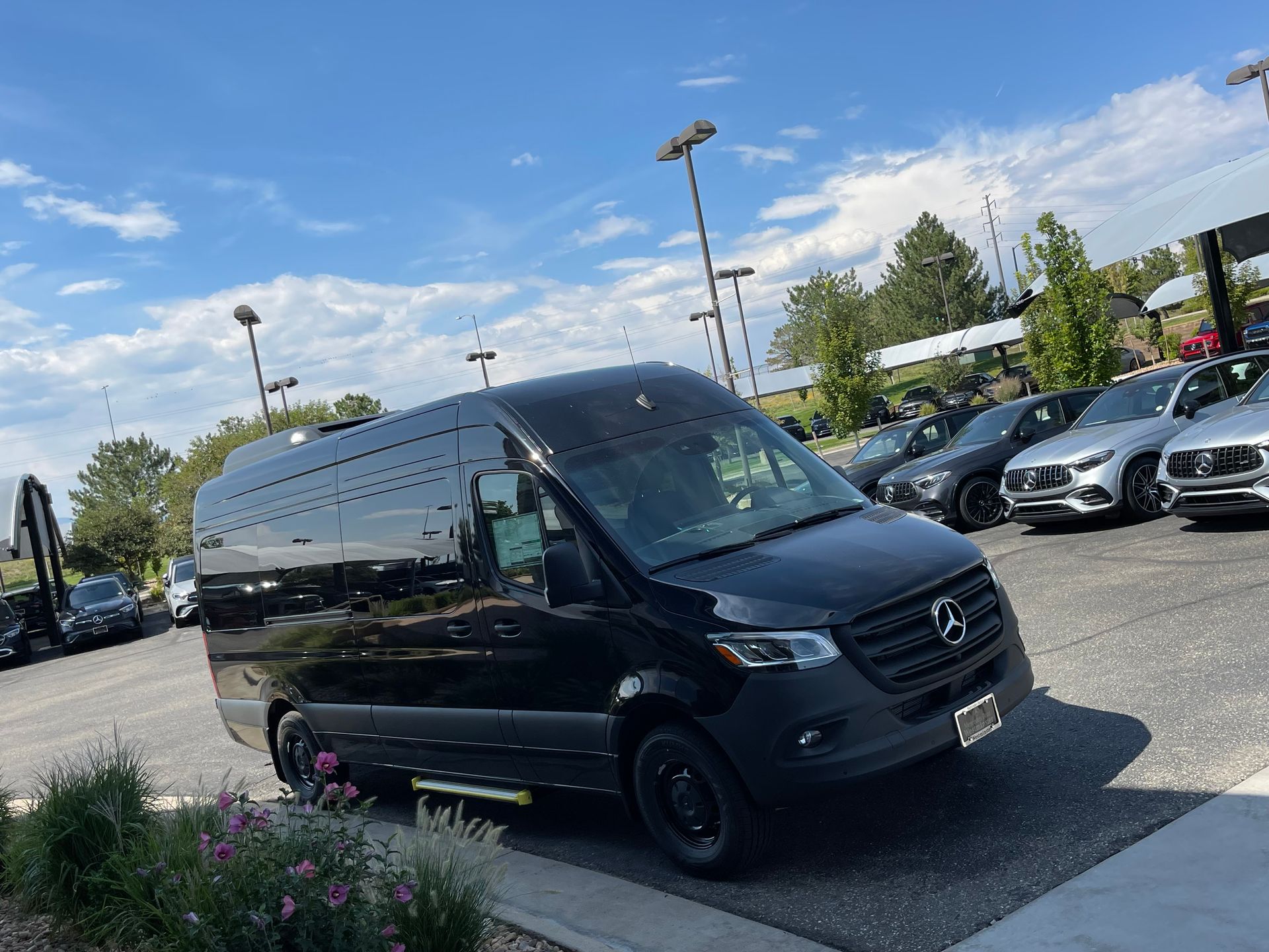 Black passenger van parked in a dealership lot on a sunny day, with other cars and light poles nearby.