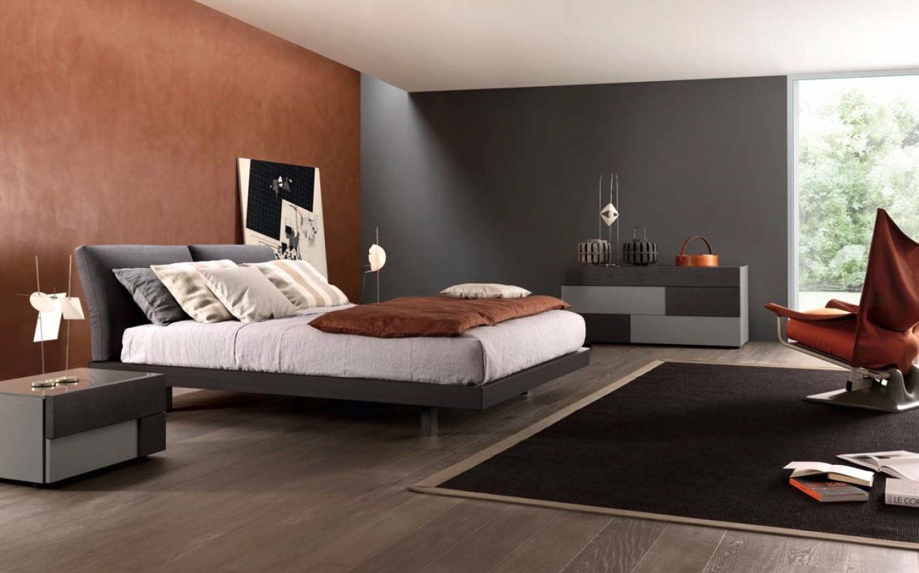 Camera da letto moderna con letto grigio scuro, pareti marroni e tappeto grigio scuro.