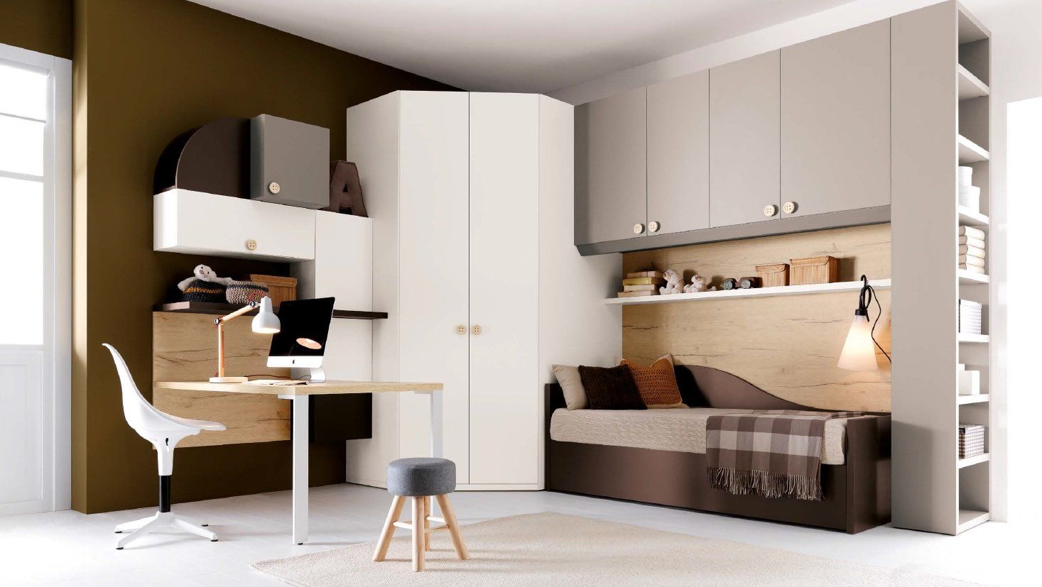 Camera da letto moderna con scrivania integrata, letto, armadietti contenitori nei colori bianco, marrone e grigio.