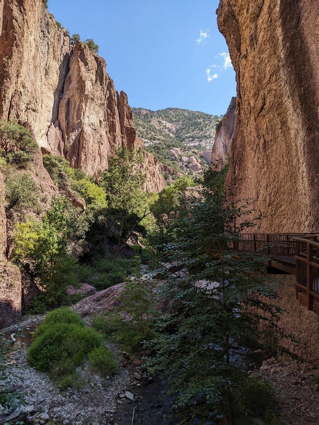 A sunlit canyon with tall rock walls, lush green trees, and a wooden walkway along the side.