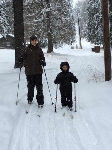 A man and a child are cross country skiing in the snow.