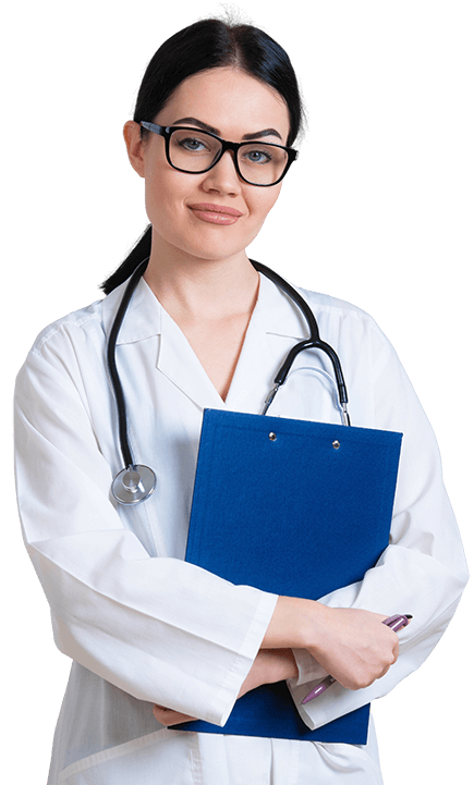 A female doctor wearing glasses and a stethoscope is holding a clipboard.