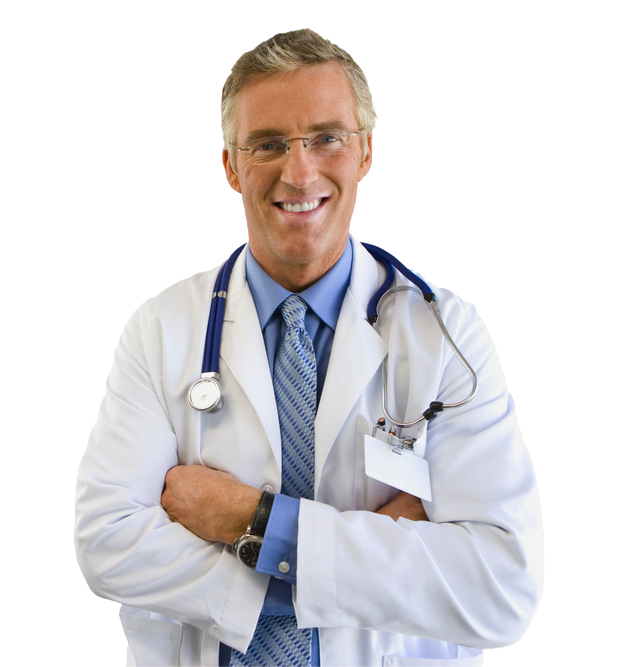 A smiling doctor with a stethoscope around his neck