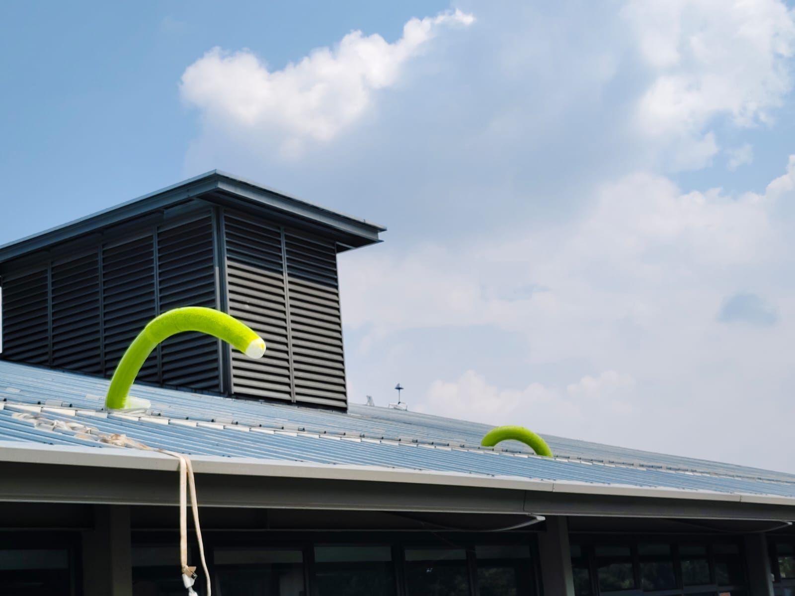 Two green balloons are hanging from the roof of a building