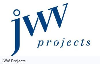 A blue logo for jw projects on a white background