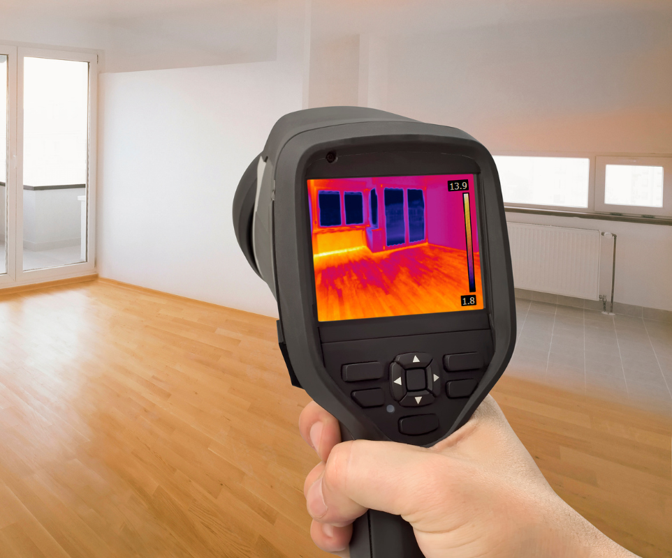 A person is holding a thermal camera in front of an empty room.
