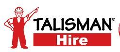 The logo for talisman hire shows a man in overalls and a hard hat pointing up.