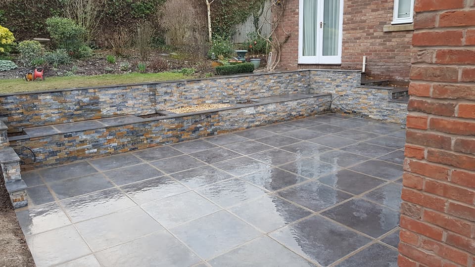 Indian stone paving with edgings in Shropshire