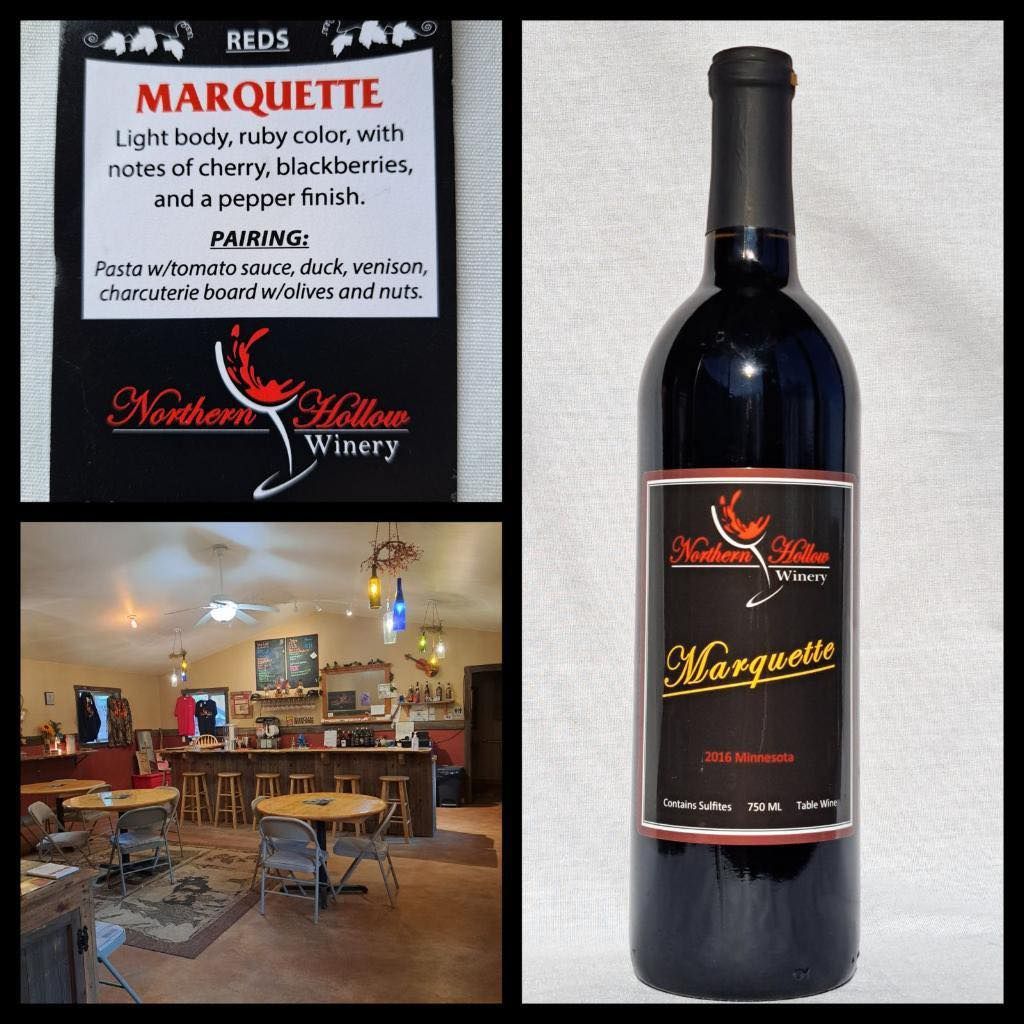 A bottle of marquette red wine sits on a table