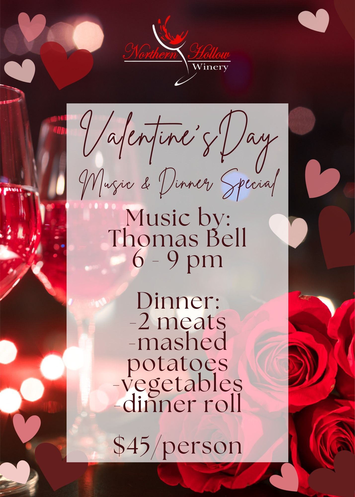 Poster: Live music at Northern Hollow Winery with Adam Herron, January 24, 6-9 PM. Local music, wine, and love.