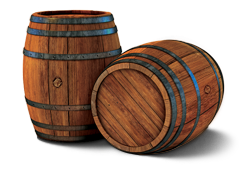 Two wooden barrels are sitting next to each other on a white background