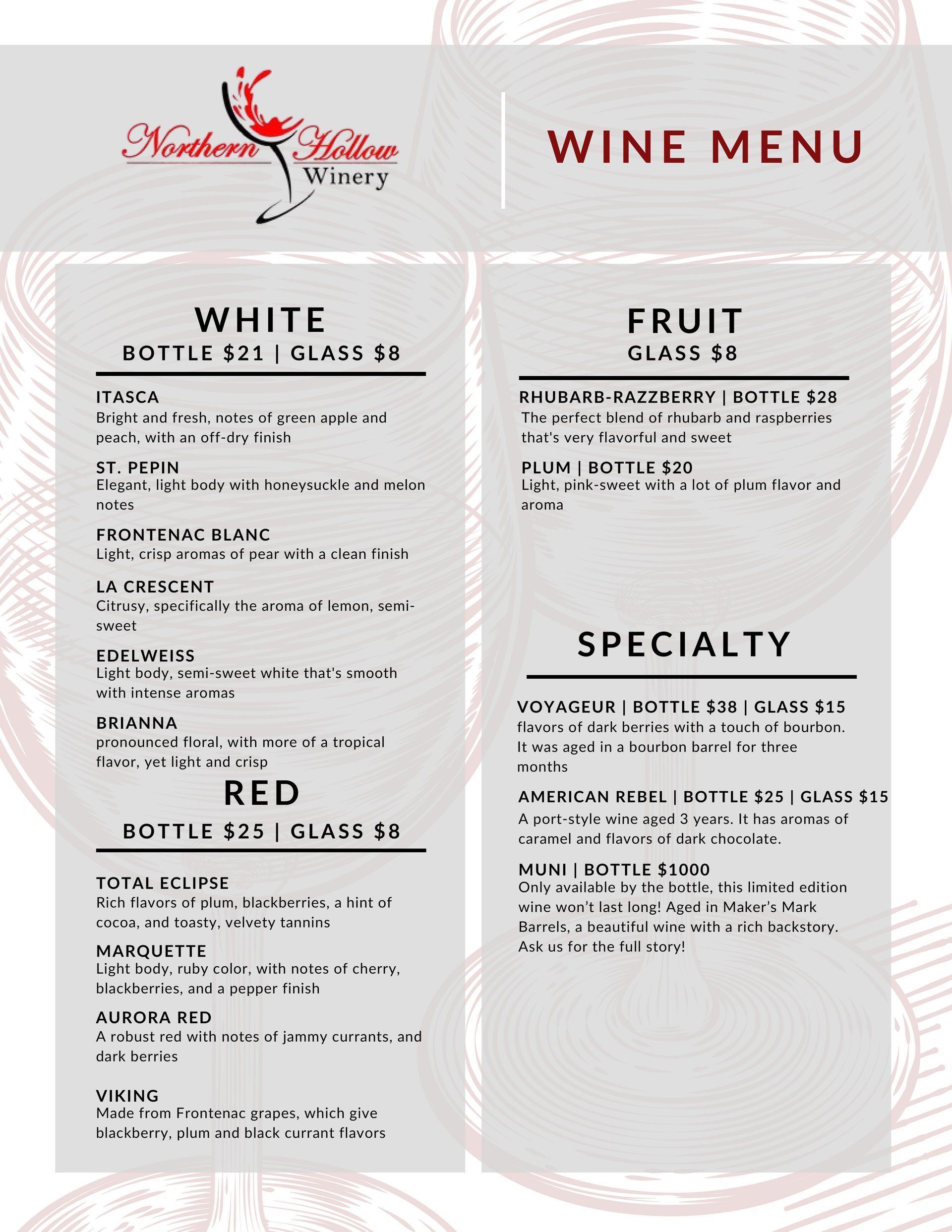 Wine menu with white, red, fruit, and specialty options, listing bottles and glass prices.