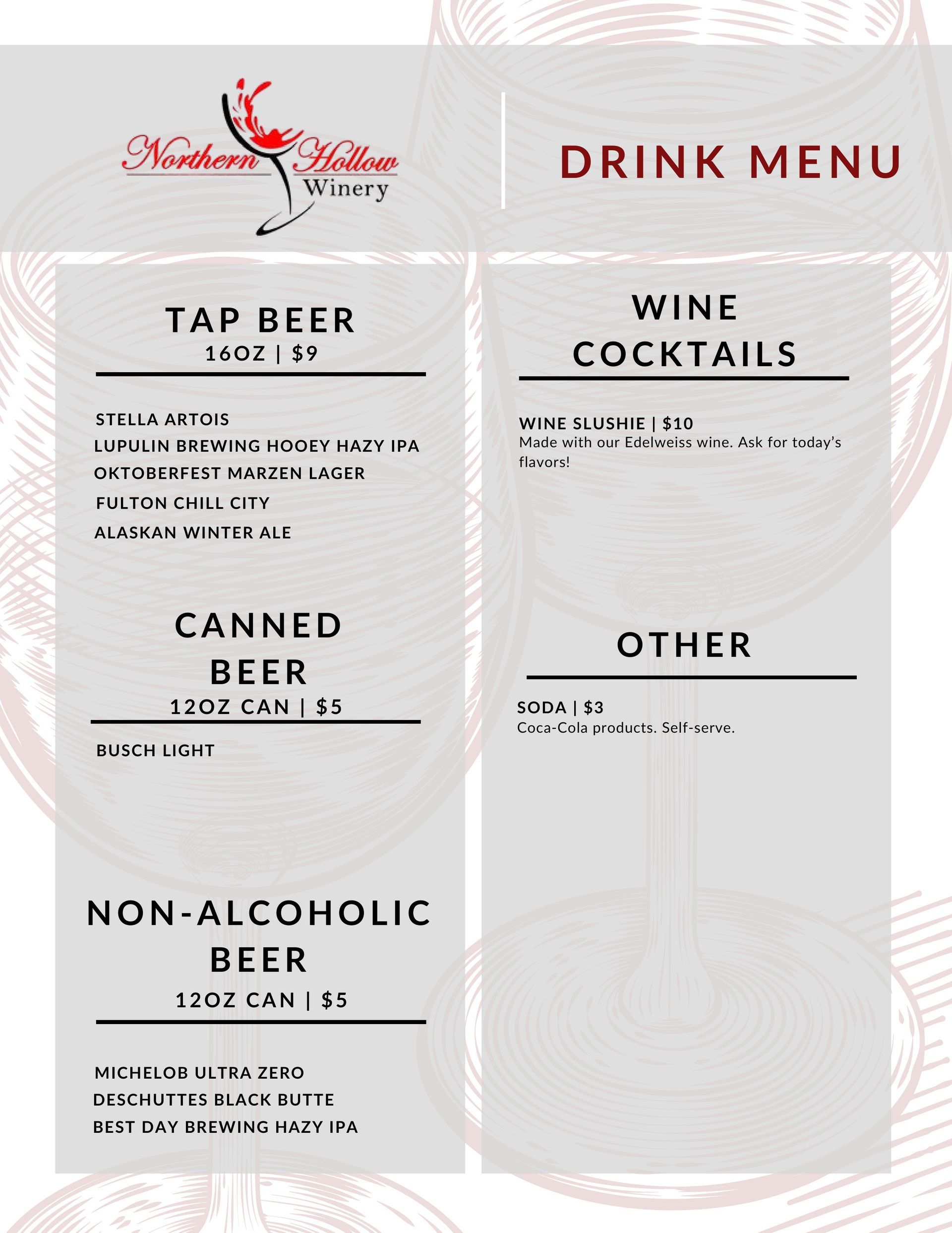 Drink menu for Northern Willow Winery, with categories for tap beer, canned beer, non-alcoholic beer, wine cocktails, and other.