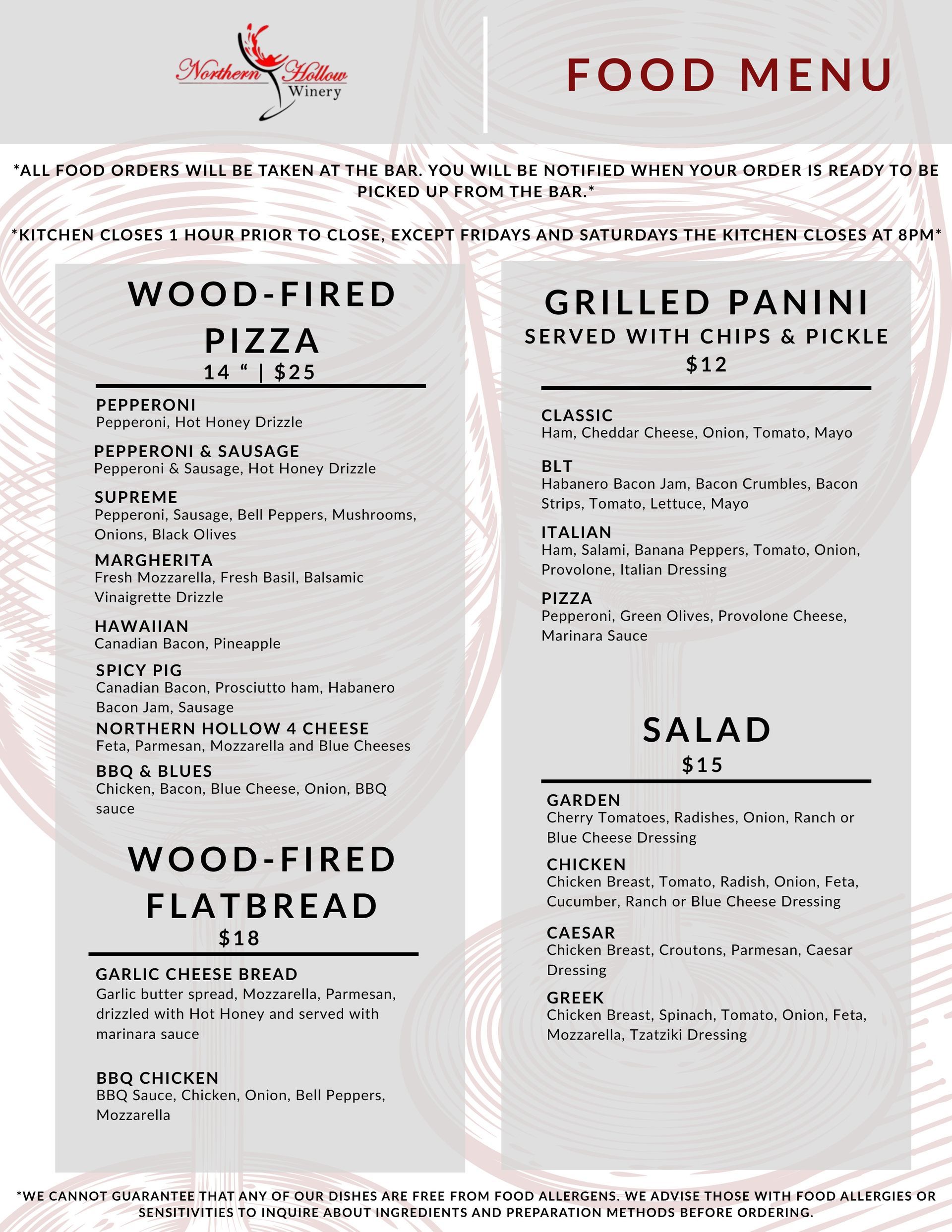 Menu listing wood-fired pizza, flatbread, grilled panini, and salad options.