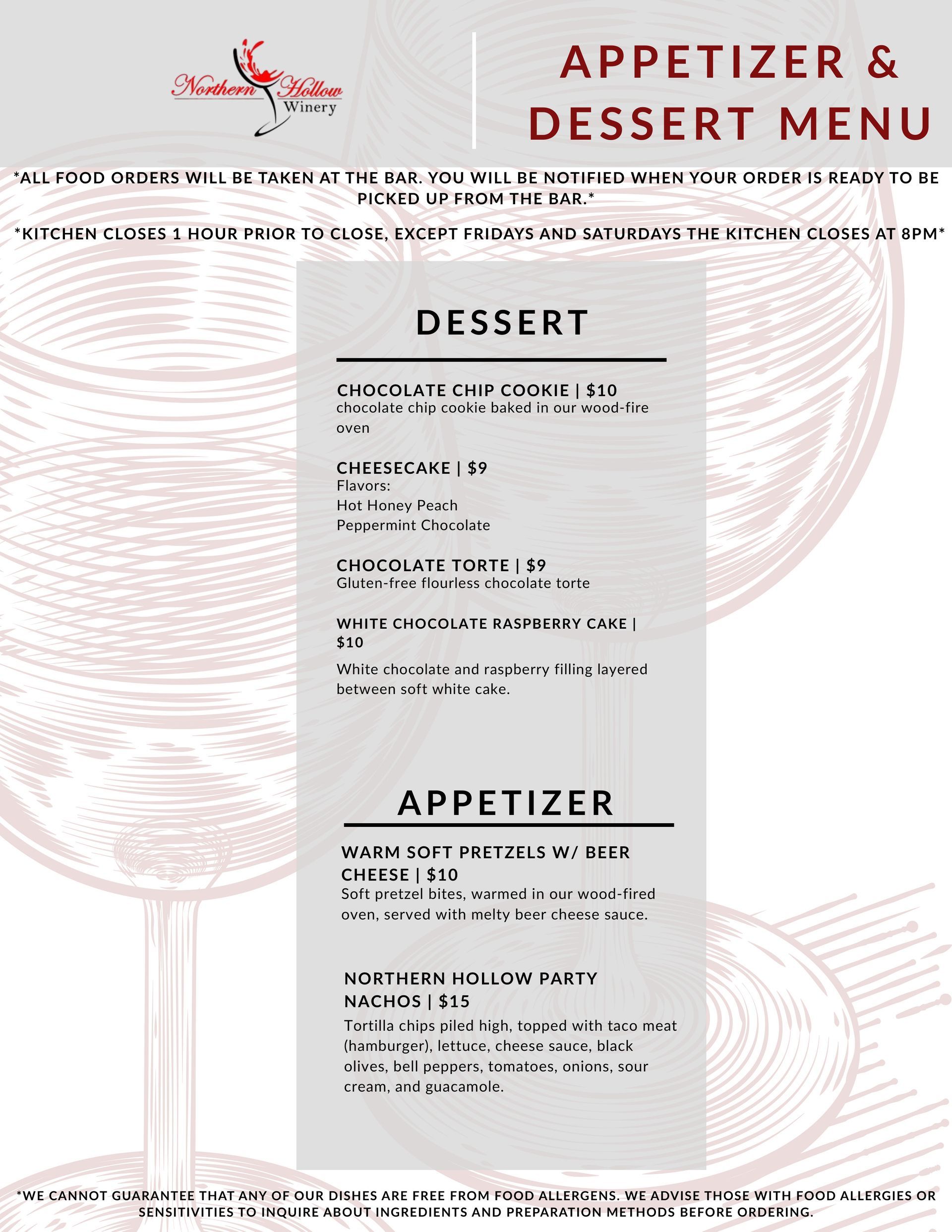 Appetizer & dessert menu with wine glass background.
