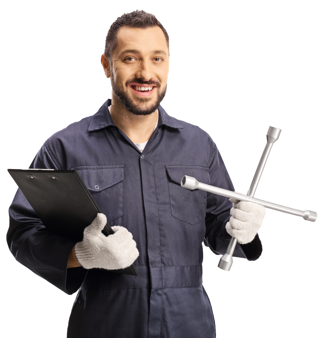 A man in a blue jumpsuit is holding a wrench and a clipboard.