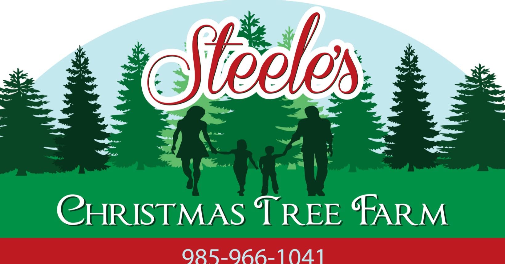 Steele's Christmas Tree Farm logo: Family silhouette walking towards trees, with logo text and phone number.