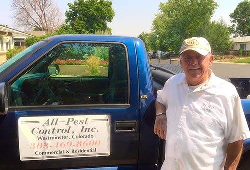 Senior man with Blue Pickup Truck - Pest Control in Wetminster, CO