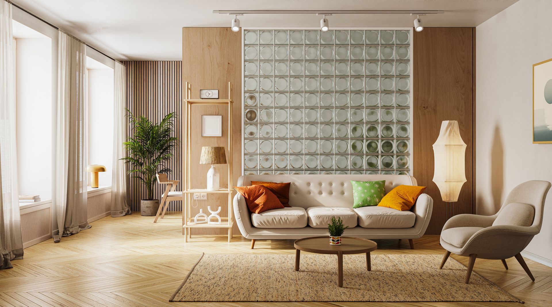 A modern living room with a neutral sofa, patterned glass brick wall, wood paneled accents, and a round coffee table. A modern living room with a neutral sofa, patterned glass brick wall, wood paneled accents, and a round coffee table.