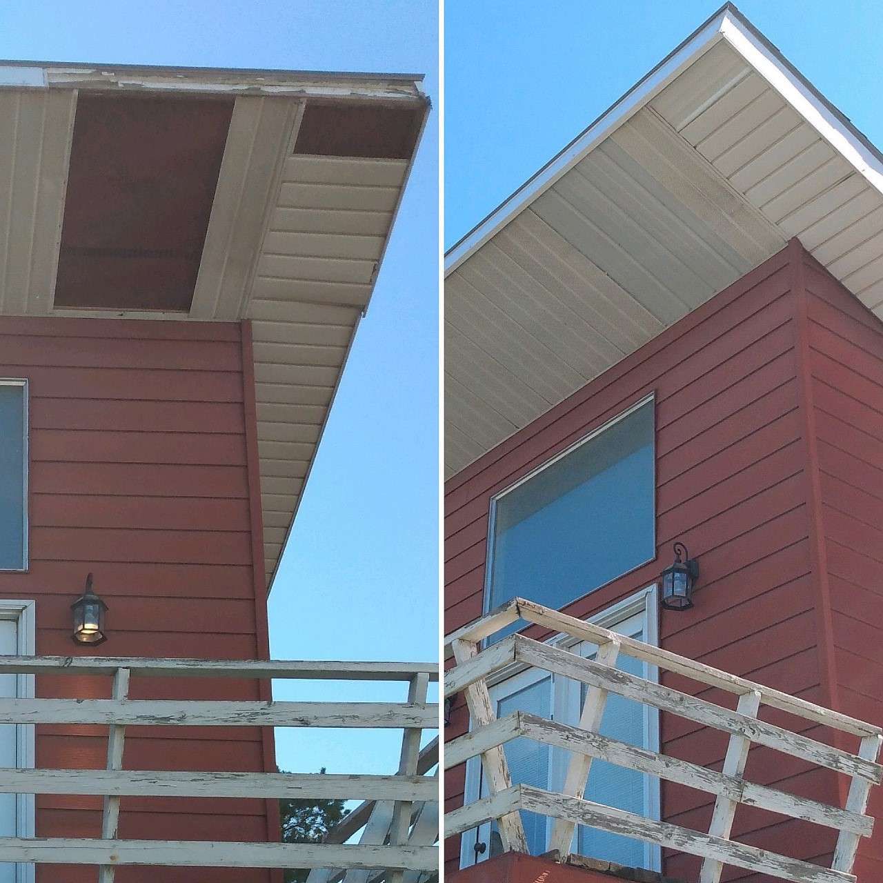 A red house with a balcony and a blue sky in the background