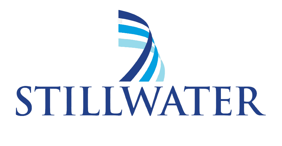 Stillwater logo with blue and white abstract wave over dark blue text.