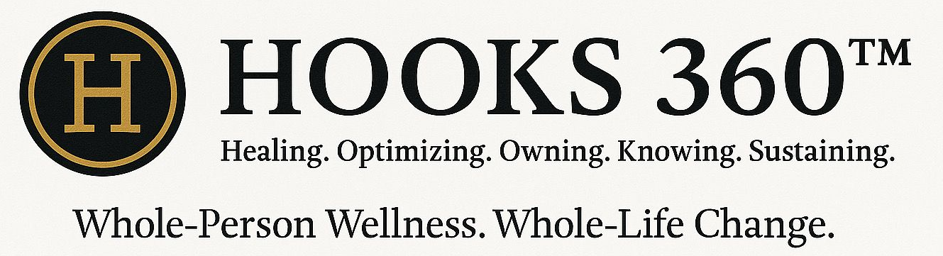 Logo for HOOKS 360, a wellness brand, featuring a gold