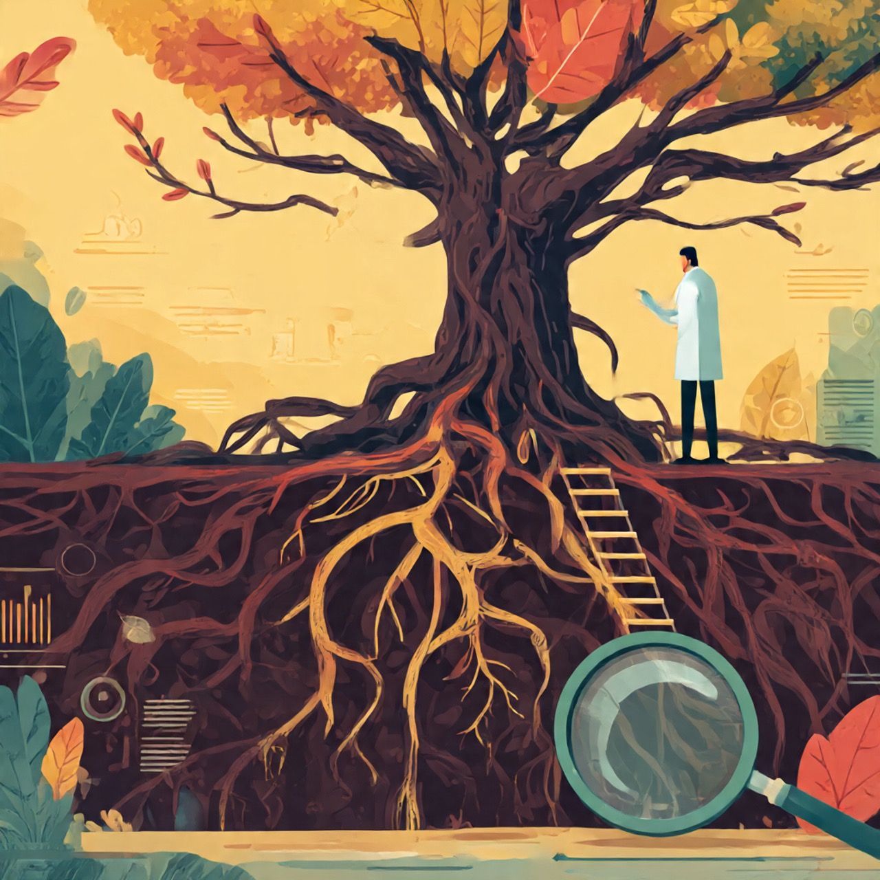 Scientist examining tree roots with magnifying glass. Brown tree with exposed roots, ladder, and fall foliage.