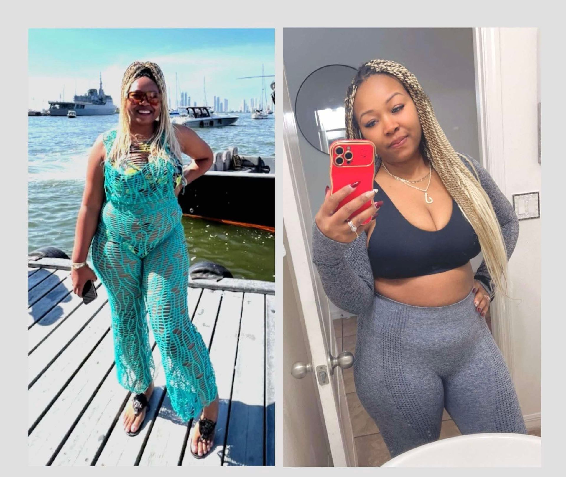 Woman in turquoise outfit by water, then in workout clothes.