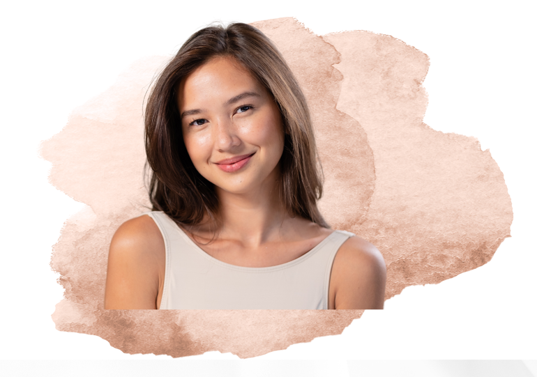 Smiling woman with dark hair, tan top, and light brown watercolor background.