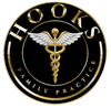Hooks Family Practice logo, black and gold, with a caduceus symbol at the center.