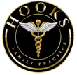 Hooks Family Practice logo, black and gold, with a caduceus symbol at the center.