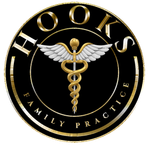 Hooks Family Practice logo, black and gold, with a caduceus symbol at the center.