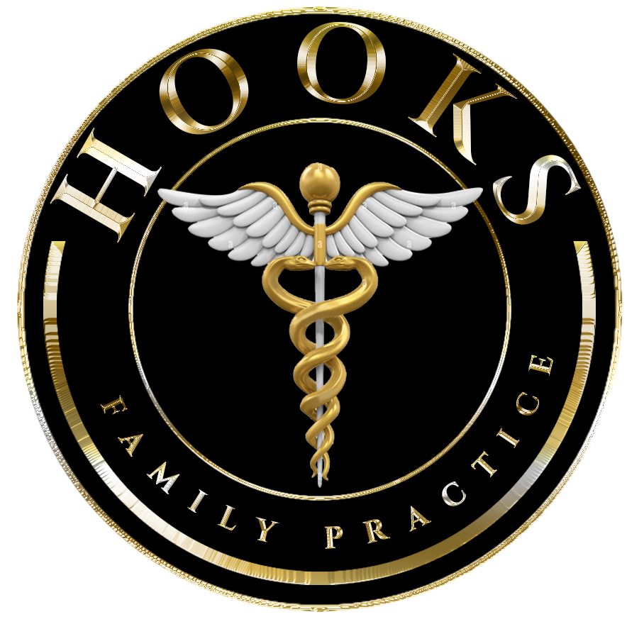 Hooks Family Practice logo, black and gold, with a caduceus symbol at the center.