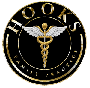 Hooks Family Practice logo, black and gold, with a caduceus symbol at the center.