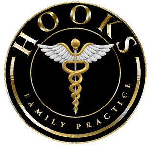 Hooks Family Practice logo, black and gold, with a caduceus symbol at the center.
