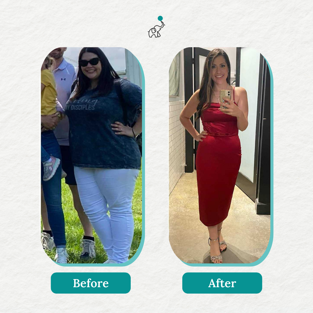 Weight loss transformation: Woman in casual clothes before, red dress after.