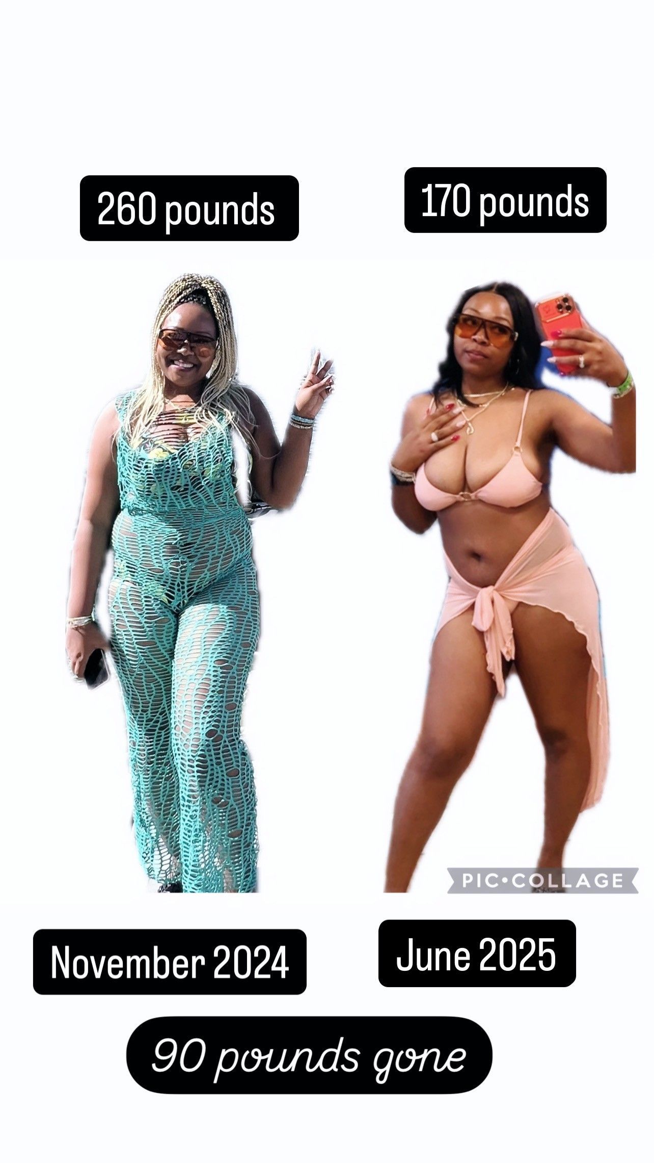 Weight loss comparison: Woman in jumpsuit (260lbs, Nov 2024) vs. bikini (170lbs, June 2025). 90 pounds lost.