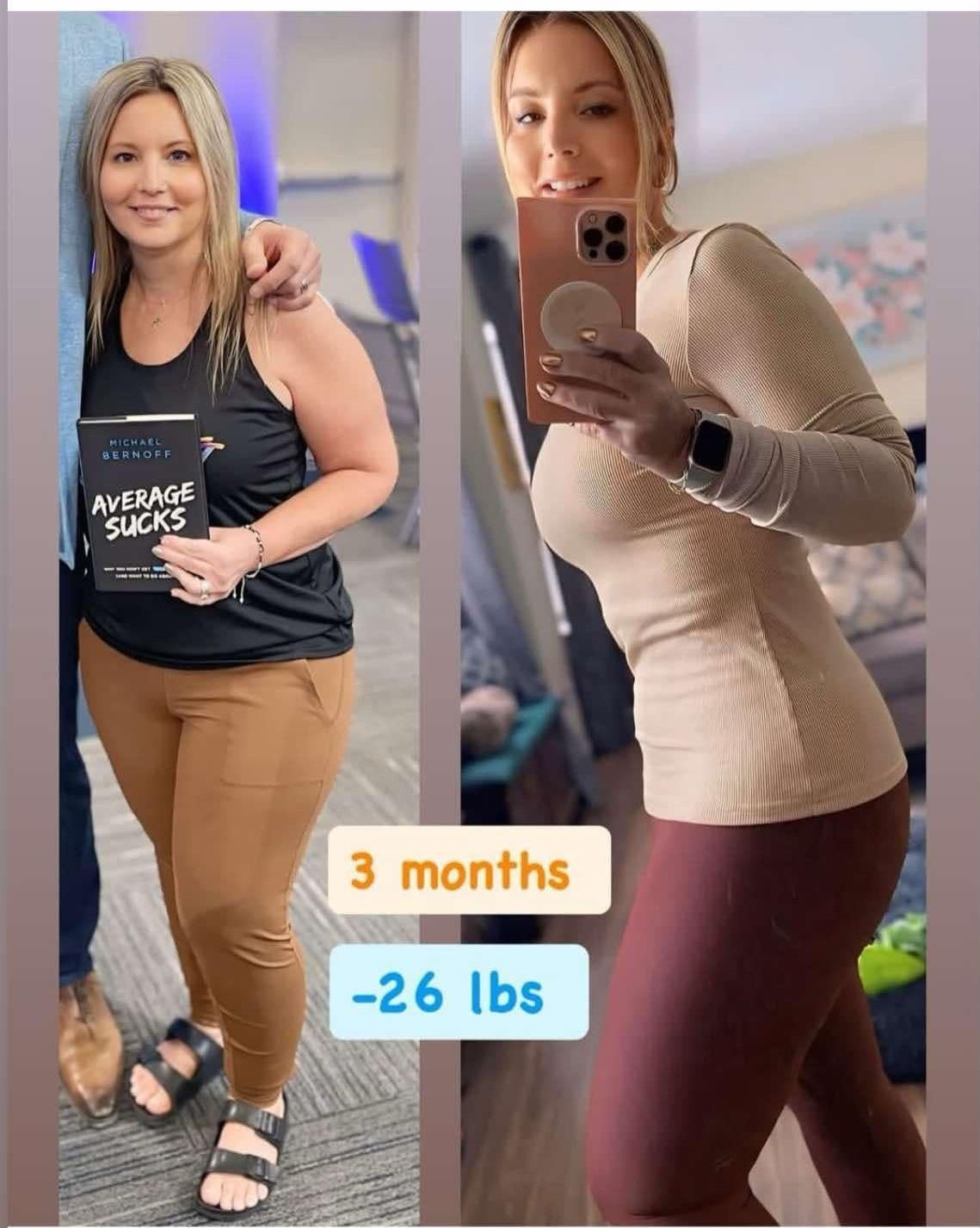 Weight loss transformation: Woman, before and after, lost 26 lbs in 3 months. Wearing black tank top, then tan long sleeve.