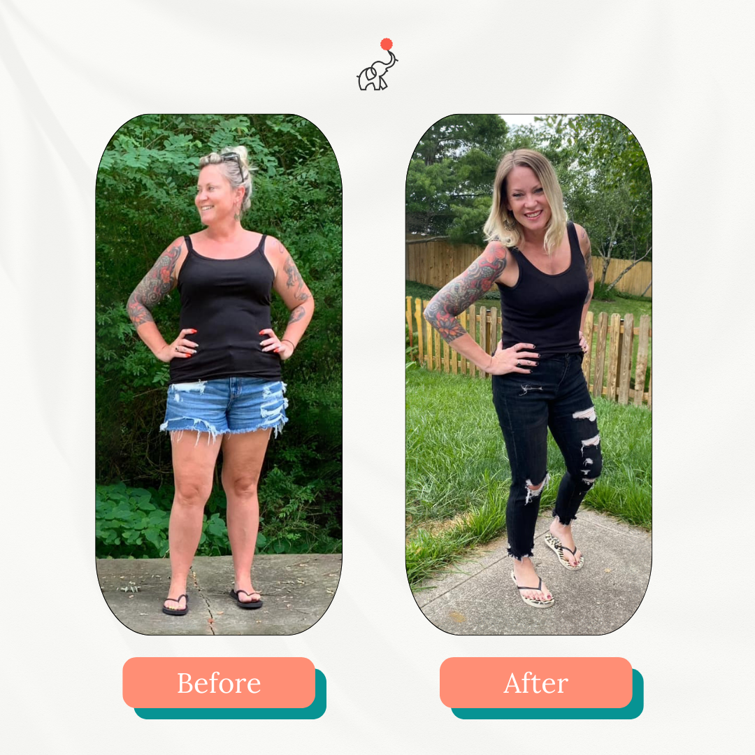 Before and after photos of a woman smiling; she lost weight. Before: shorts and tank. After: ripped jeans and tank.
