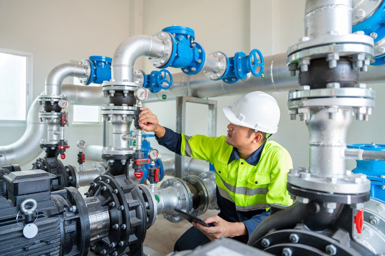 A man is working on a water pump in a factory.