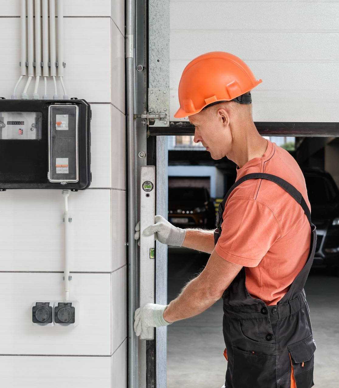 Man in hard hat and overalls checking a garage door near an electrical panel.